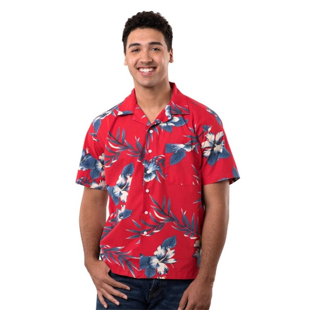 Blue Generation Red Hibiscus Print Hawaiian Pocket Camp Shirt Mens Size 2XL